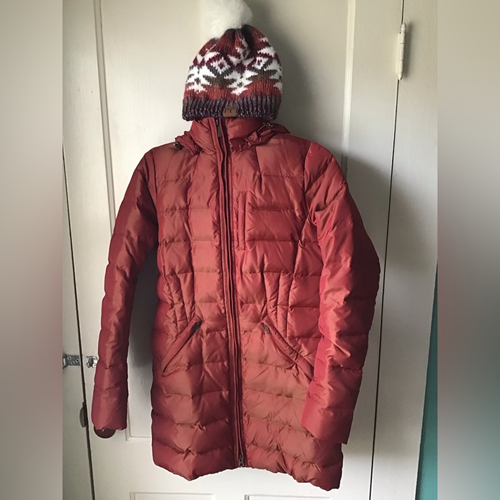 Lands end down parka and Pom Pom hat